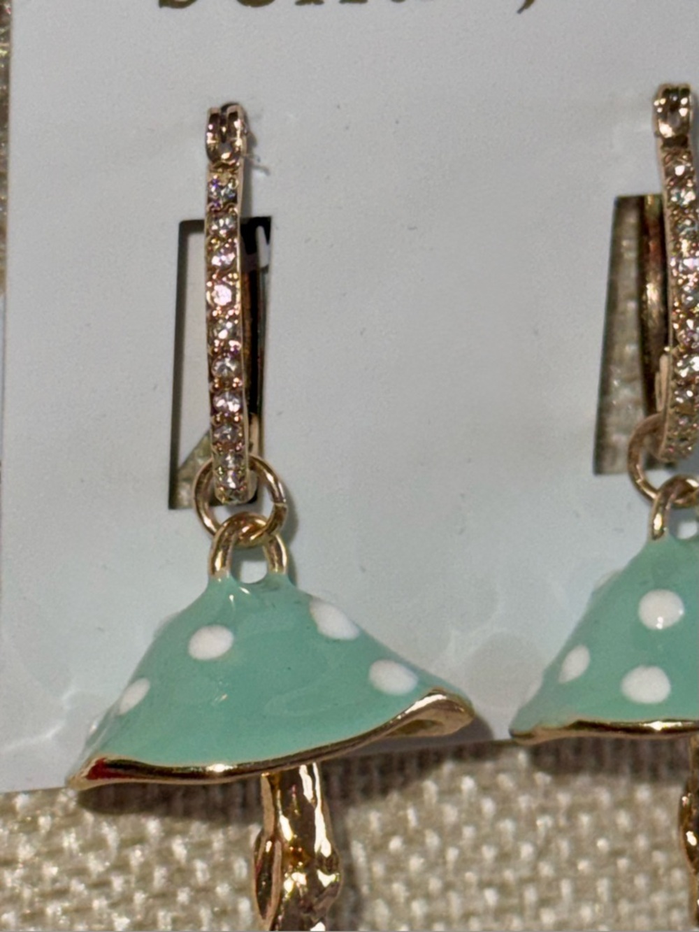 Bella Jack Mushroom Earrings NWT Polka Dots Rhinestones Enamel Gold Tone - Picture 6 of 8